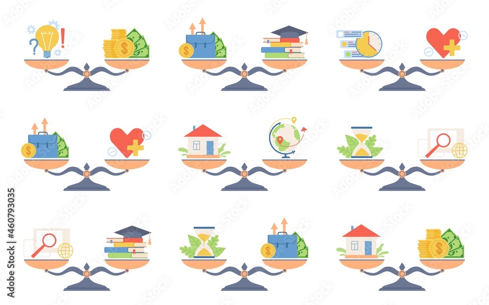 Scales choice balance. Different life values equality, metaphorical comparison, weighing lifestyle options, thing juxtaposition, health and education, time and money, vector isolated set Scales choice balance. Different life values equality, metaphorical comparison, weighing lifestyle options, thing juxtaposition, health and education, time and money, vector isolated set