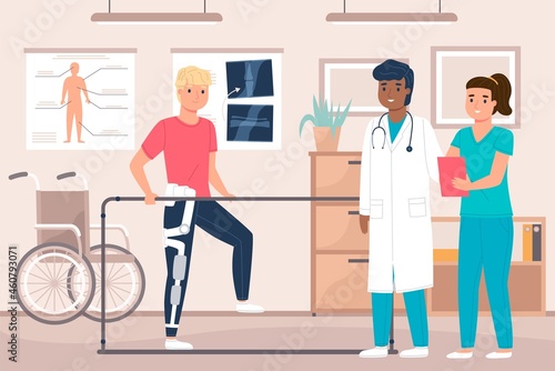 Physiotherapy room. Therapist with male patient in rehabilitation office, clinical help, man develops broken leg, doctors working, treatments joint mobility, vector cartoon flat isolated concept