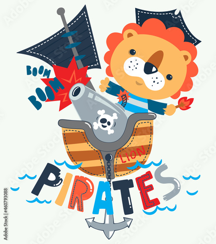 Cute pirate lion on ship shooting from a cannon isolated on white background illustration vector.