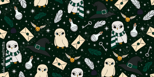 Vector seamless pattern with magician objects - witch hat, candles, potions bottles, magic letter, stars on a green background. Halloween pattern. Perfect for kids textile, clothing