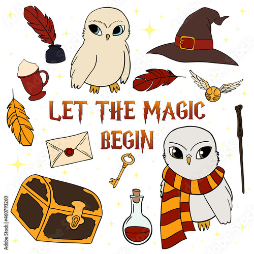 Vector subjects of the school of magic. Different elements for witches at school illustration. Let the magic begin lettering. Magic items owls, hat, feathers, key, flask, magic wand, chest, letter