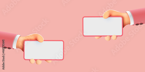 Cute 3D cartoon hands holding mobile smart phone. Modern mockup.