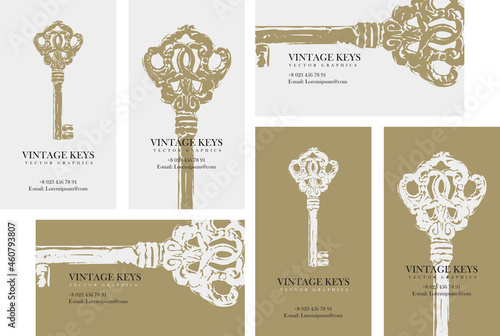 Set of business cards with vintage keys. Suitable for real estate agency, jewelry, beauty and fashion industry. Vector key emblems, logos, monograms, invitations, flyers, menus, brochures, postcards