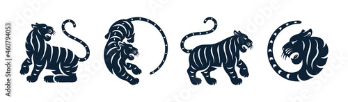 Tiger black silhouette isolated Happy Chinese New Year animals set. Vector black tigers eastern zodiac symbols, lunar calendar mascots. Spring festival wild striped cats with long tail, wildlife fauna