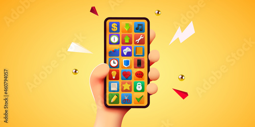 Cute 3D cartoon hand holding mobile smart phone. Modern mockup.