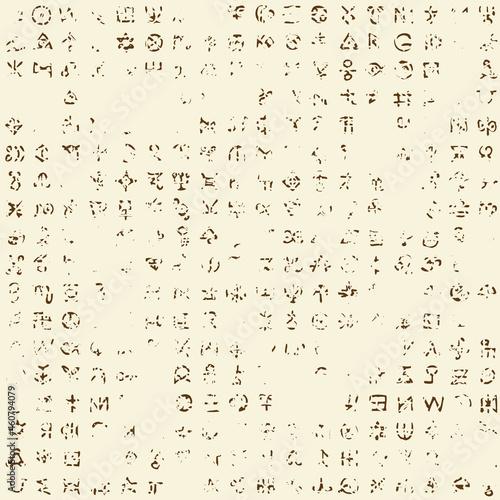 Abstract seamless pattern with occult signs and magical runes in grunge style. Vector background with ancient esoteric, mystical symbols on a beige backdrop. Wallpaper, wrapping paper, fabric design