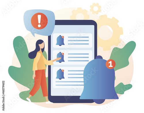 Notifications. Tiny woman get chat messages notification in smartphone app. Ring bell as reminder pop up. Modern flat cartoon style. Vector illustration on white background