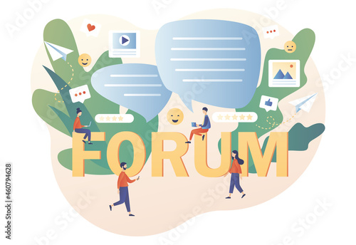 Tiny people communication in community group. Forum concept. Internet chat messages, dialog, conversation in social media, online networking. Modern flat cartoon style. Vector illustration