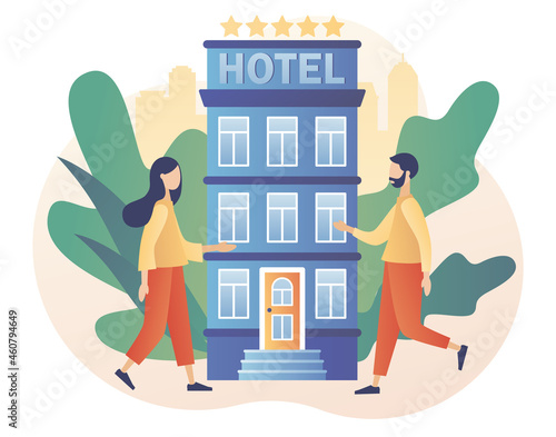 Tiny people search and choose hotel or apartment online. Booking hotel. Reservation application interface. Tourist and business trip. Modern flat cartoon style. Vector illustration on white background