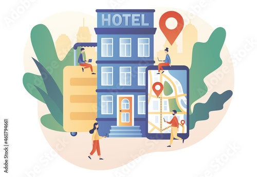 Tiny people search, choose and reservation hotel or apartment. Booking hotel online. Tourist and business trip. Modern flat cartoon style. Vector illustration on white background