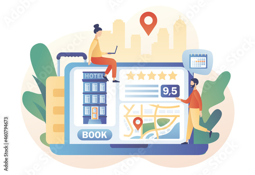 Booking hotel online. Tourist and business trip. Tiny people search, choose and reservation hotel or apartment on web site. Modern flat cartoon style. Vector illustration on white background