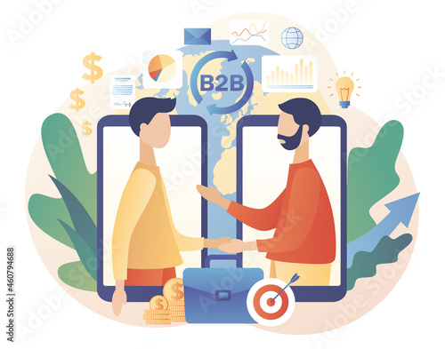 B2B : Business to business. Tiny businessmen enter into agreement online. Successful business collaboration. Marketing strategy, commerce. Modern flat cartoon style. Vector illustration