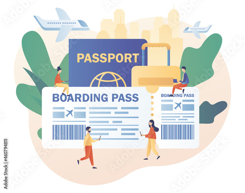 International airline. Big Airline boarding pass ticket. Tiny people booking flights travel online. Buy ticket online. Modern flat cartoon style. Vector illustration on white background