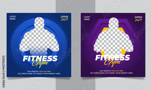 Fitness gym social media post instagram square banner design template for fitness studio promotion	