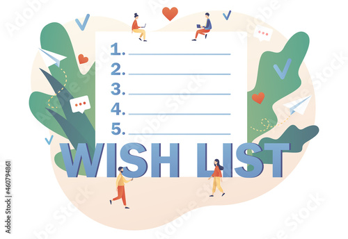 Wishlist concept. Personal favourites list. Gift and shopping list online. Tiny people writing down wishes. Order and payment. Modern flat cartoon style. Vector illustration on white background