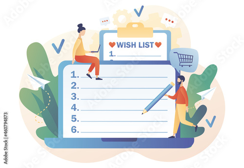 Wishlist online. Personal favourites list. Gift and shopping list. Tiny people writing down wishes on laptop. Order and payment. Modern flat cartoon style. Vector illustration on white background