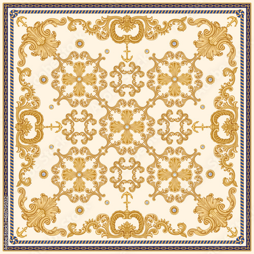 Fashionable gold chain pattern, Baroque scrolls, sea anchors, Pearl shell print on a dark blue background. Scarf, bandana, neckerchief, kerchief, silk textile patch, carpet