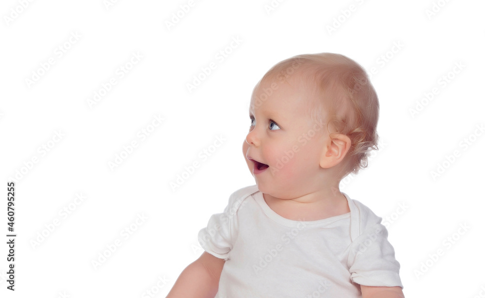 Portrait caucasian blond smiling baby looking up