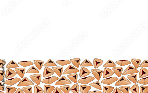Hamantaschen backround. Happy Purim Jewish Holiday banner. Traditional jewish purim eating. Oznei Haman, hamantaschen cookies border. Israel culture, sweets, delicious  triangle cake.