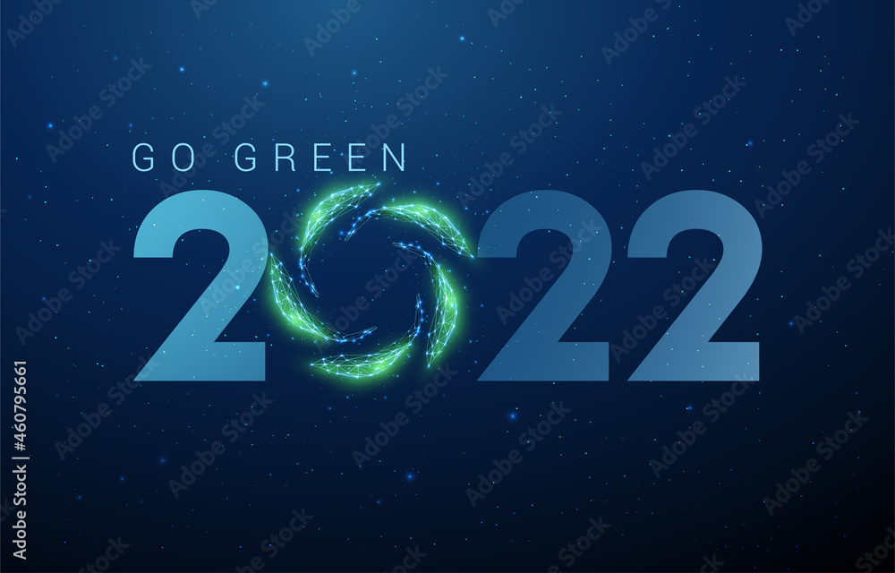 Abstract Happy 2022 New Year greeting card with green leafs in circle Abstract Happy 2022 New Year greeting card with green leafs in circle