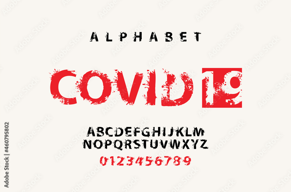 COVID 19 lettering in scary bloody letters with blots. Vector set of alphabet letters and numbers written in blood and paint on a light background. Abstract splattered font for headline, poster, label