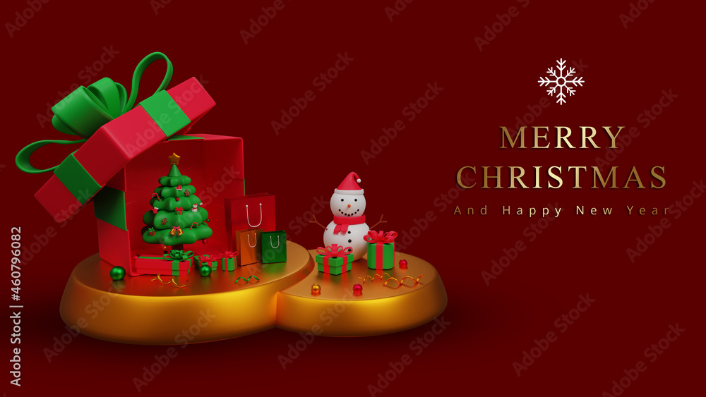 3d illustration merry christmas template with golden podium