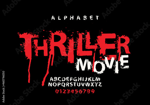 THRILLER MOVIE lettering in abstract scary letters. Vector set of alphabet letters and numbers written in blood and paint on black background. Horror font for headline, poster, label. Splash Alphabet