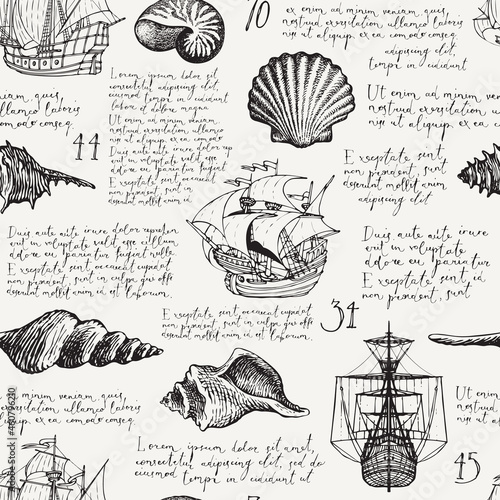 Seamless pattern with hand-drawn seashells, old ships and handwritten text Lorem ipsum. Black and white vector background in vintage style. Pencil drawings of shells and sailing yachts on an old paper