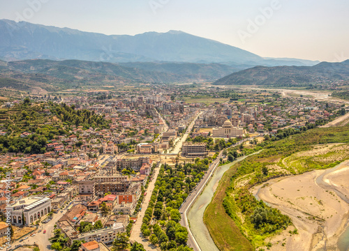 Panorama of the historic city of Berat in Albania. Top view from the castle