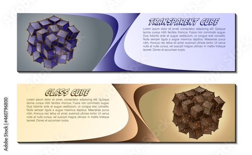 A set of glass cube banners. Vector illustration of realistic glass cubes with reflection and transparent cubes with a metal frame. A sketch for creativity.
