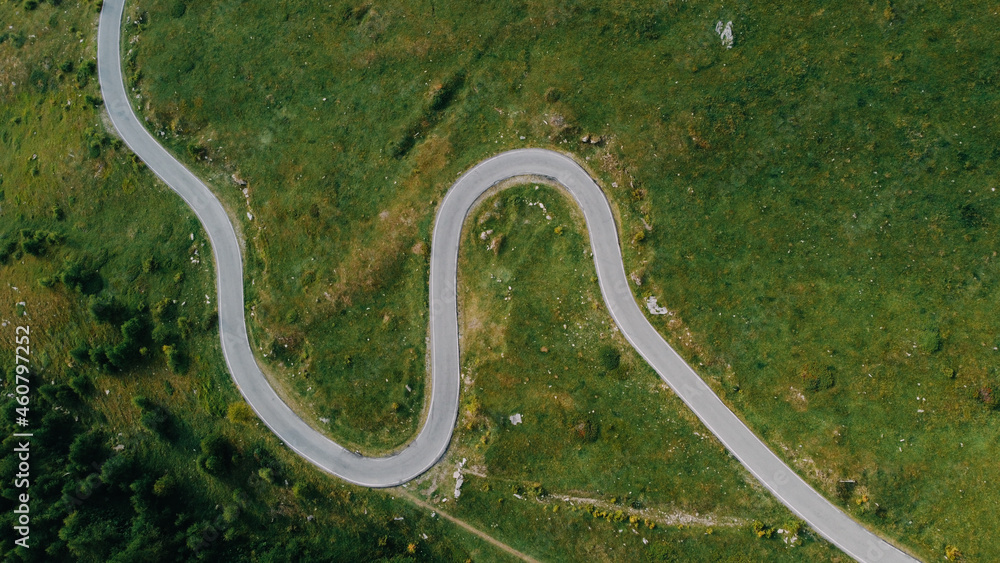 Aerial view of green fields, coniferous forest and narrow road in the Alps. Pathway in the mountains, directly above.