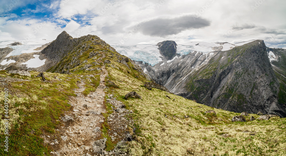 Fototapeta premium Views of peaks and glacier from Kattanakken, Jostedalsbreen National Park, Norway.