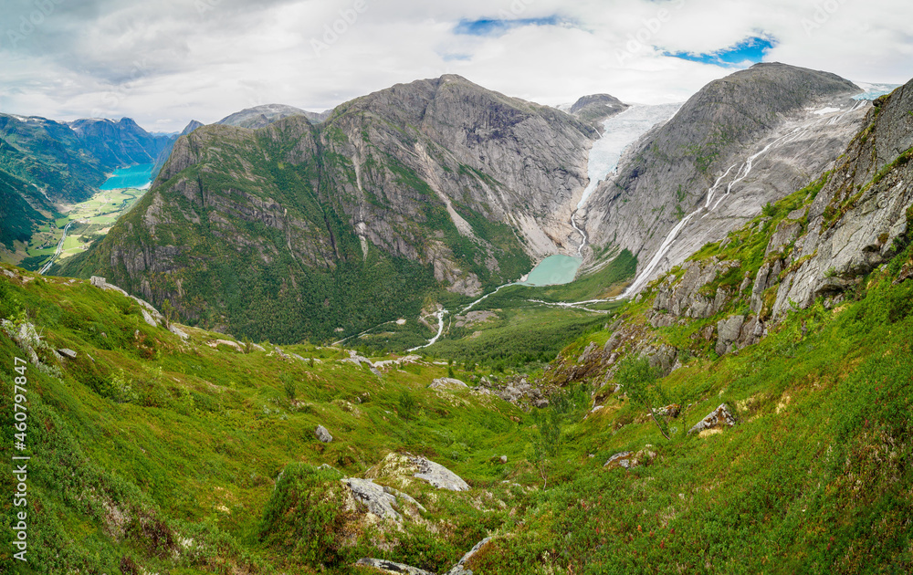 Views of peaks and glacier from Kattanakken, Jostedalsbreen National Park, Norway.