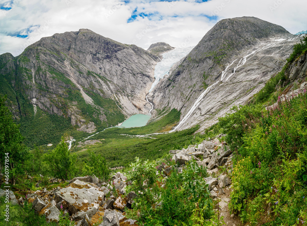 Fototapeta premium Views of peaks and glacier from Kattanakken, Jostedalsbreen National Park, Norway.