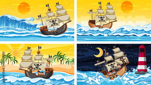 Foto Set of different beach scenes with pirate ship and pirate cartoon character