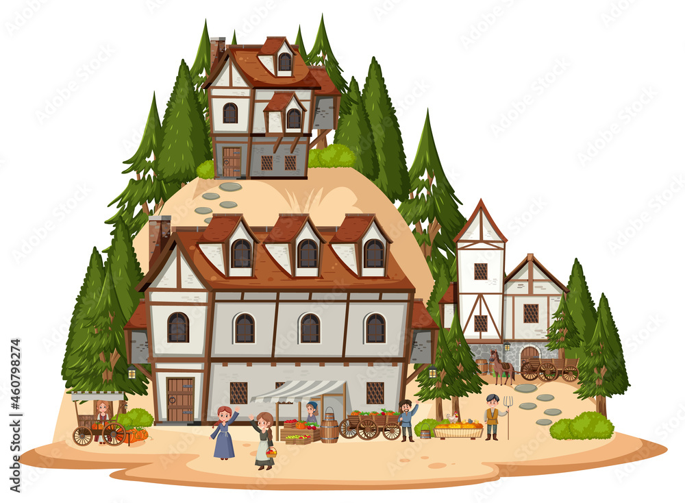 Medieval village with villagers on white background