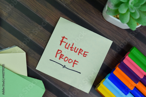 Future Proof write on sticky notes isolated on Wooden Table.