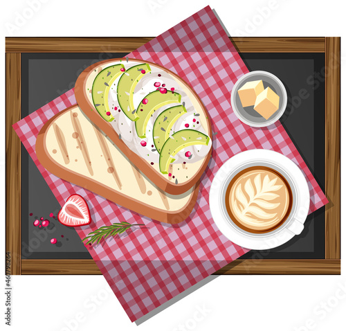 Breakfast set with bruschetta and a cup of coffee isolated on white background