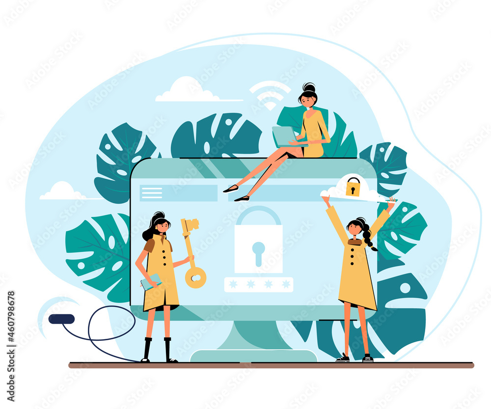 Vector illustration of big computer monitor with key and lock and tiny pretty women cartoon characters. Computer protection concept for web banner, website page etc.