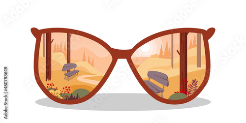 Sunglasses reflecting autumn landscape. Autumn park in warm colors. Vector illustration.