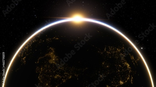 Silhouette of planet earth against background of stars and Milky Way galaxy. Planet earth illuminated by sun, Blue planet earth in space. elements of this image furnished by NASA
