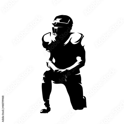 American football player kneeling, isolated vector silhouette, front view