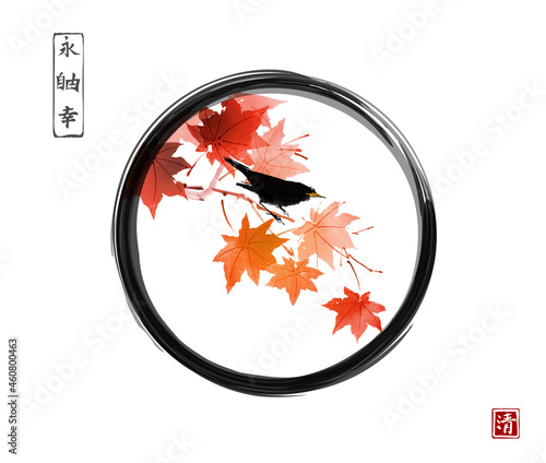 Black bird sitting on red maple tree in black enso zen circle on white background. Traditional oriental ink painting sumi-e, u-sin, go-hua.Hieroglyphs - eternity, freedom, happiness, well-being