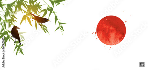 Birds sitting on green bamboo tree and big red sun, symbol of Japan on white background. Traditional Japanese ink wash painting sumi-e.  Translation of hieroglyph - well-being.
