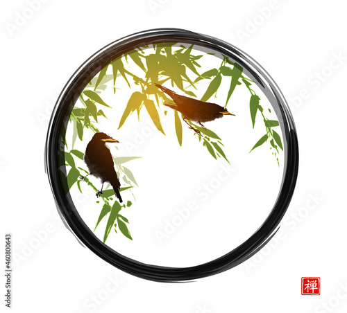 Birds sitting on green bamboo tree in black enso zen circle on white background. Translation of hieroglyph - well-being.