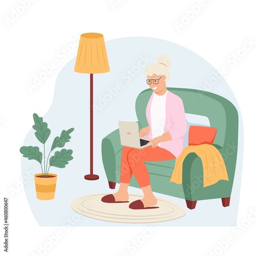 Happy grandma with laptop. An elderly woman in a home interior. Flat vector illustration