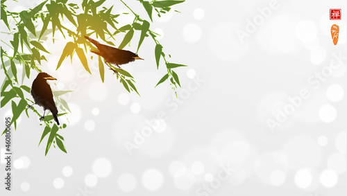 Birds sitting on green bamboo tree on white glowing background. Translation of hieroglyph - well-being.