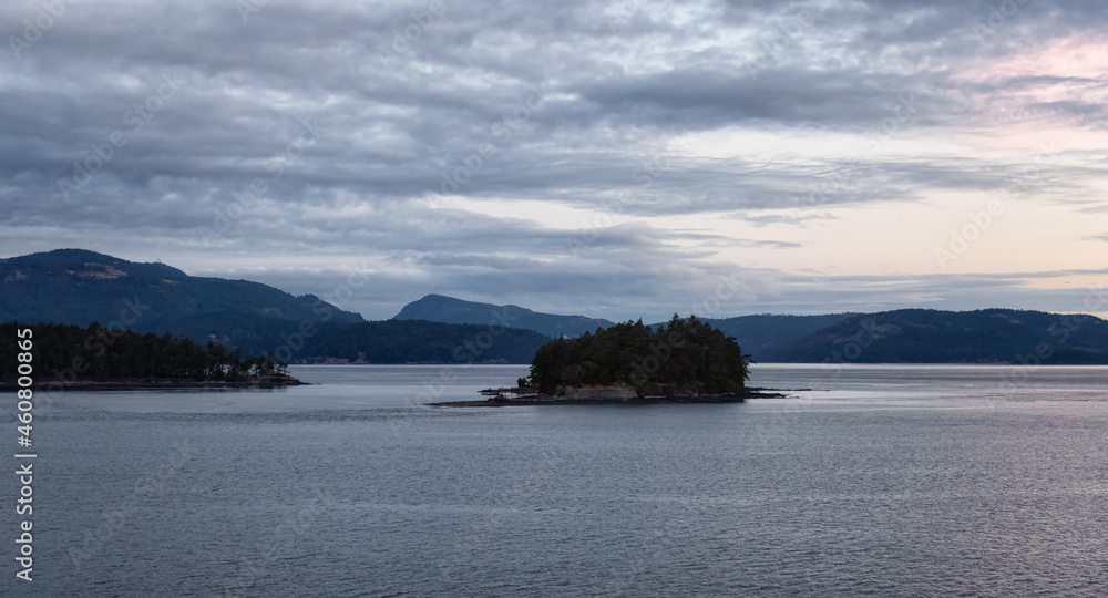 Gulf Islands on the West Coast of Pacific Ocean. Canadian Nature Landscape Background. Summer Sunrise. Near Victoria, Vancouver Island, British Columbia, Canada. Gulf Islands on the West Coast of Pacific Ocean. Canadian Nature Landscape Background. Summer Sunrise. Near Victoria, Vancouver Island, British Columbia, Canada.