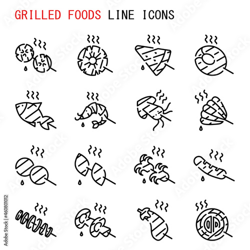 Grilled foods line icons