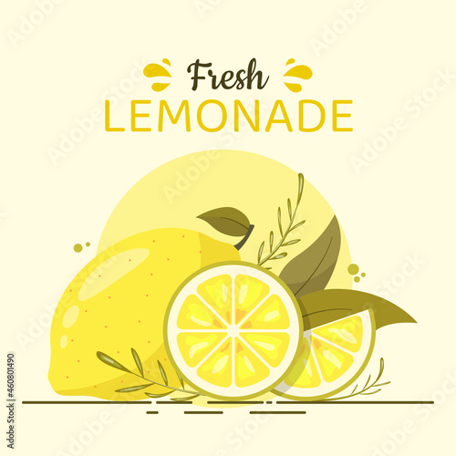 Lemon slices with leaves. Whole lime and cut pieces of lemon isolated on white. Text fresh lemonade and copy space. Juicy fruit vitamin banner vector illustration.